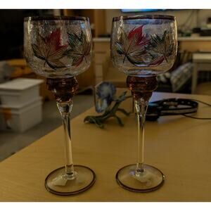 ♥️Pair of Yankee Candle Cracked Maple Leaf Stemmed Glasses